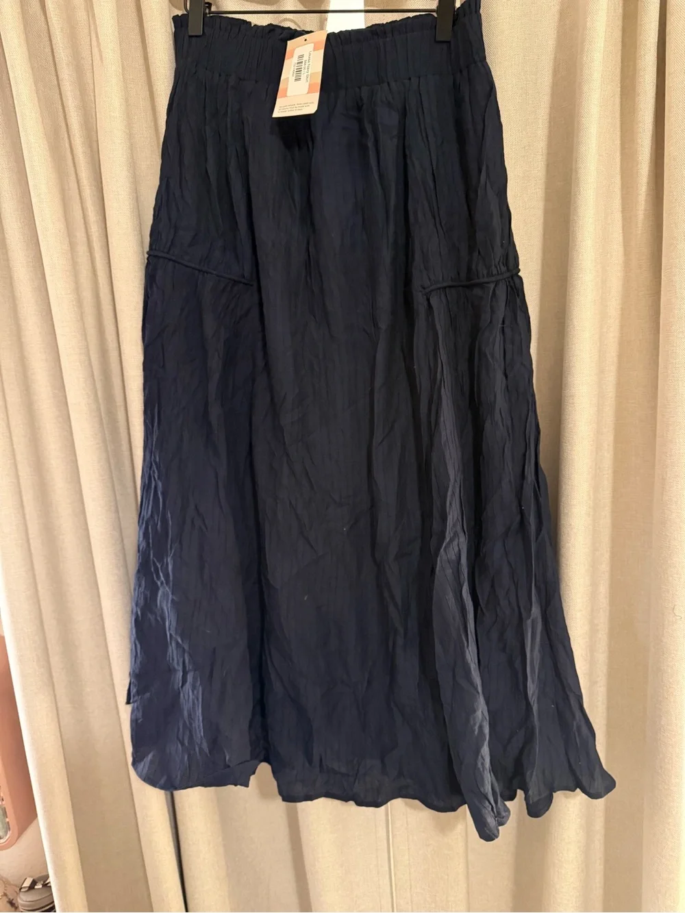 New Women's Navy Crinkle Maxi Skirt with Elastic Waist L Koo De Ker